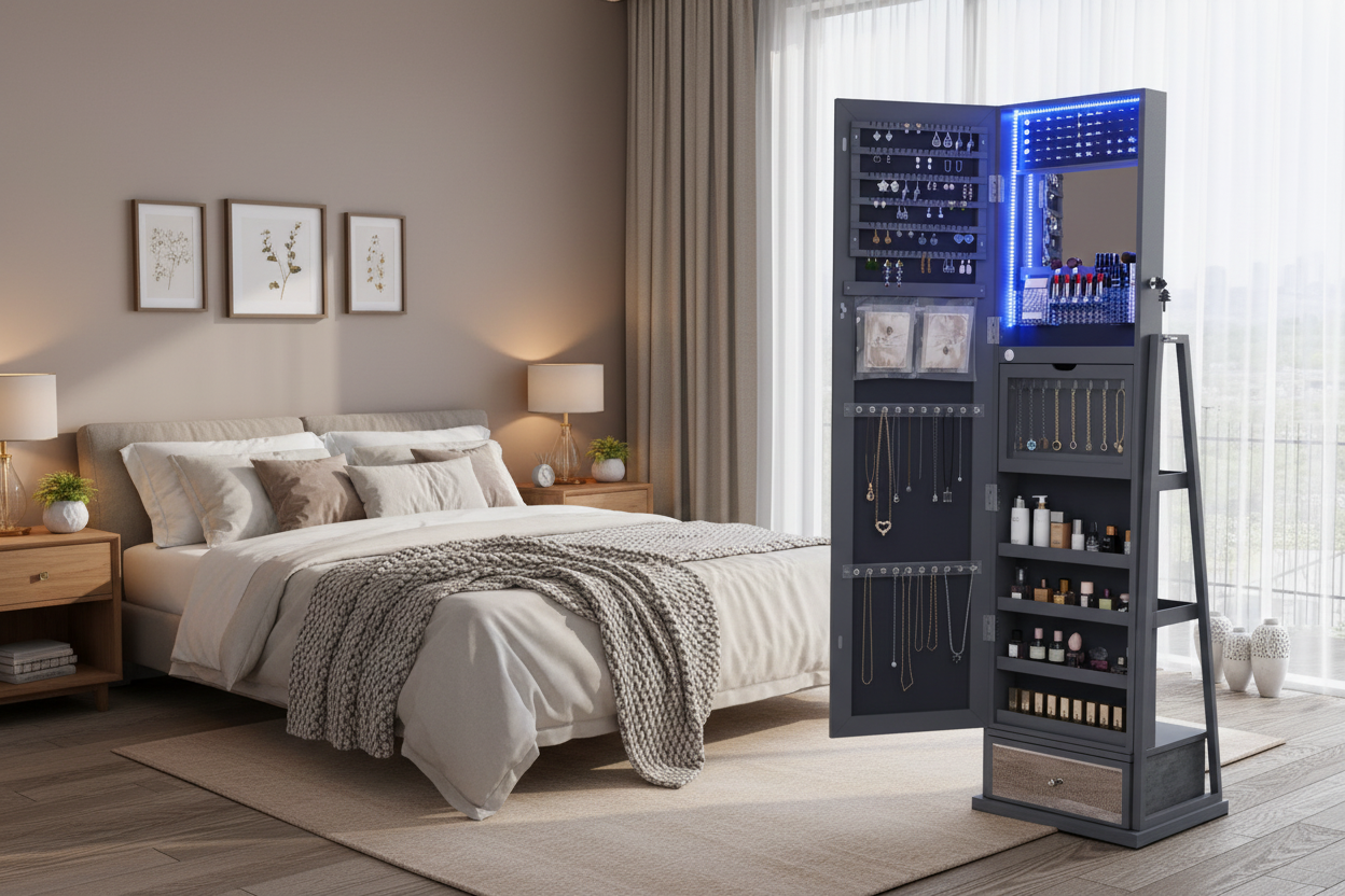 💎: 360° Swivel Jewelry Cabinet with Full-Length Mirror & LED Light – Lockable Standing Armoire Organizer in Grey