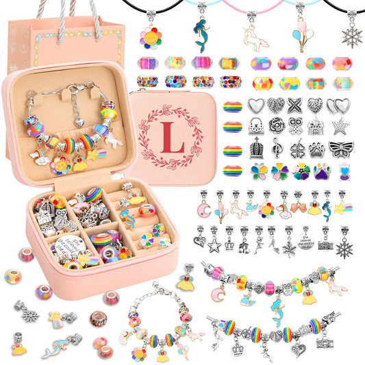 💜: Girls Charm Bracelet & Necklace Making Kit – 66-Piece Jewelry Craft Set with Initial Organizer Box for Ages 5-12