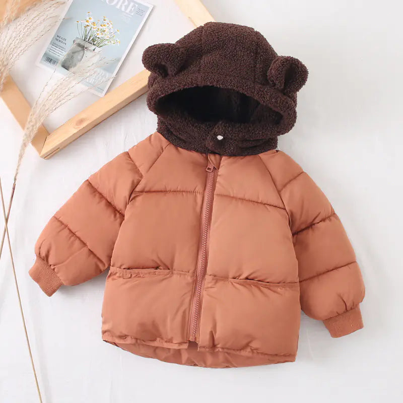 🧸: Cute Teddy Hat Cotton Jacket for Kids - Playful Winter Coat