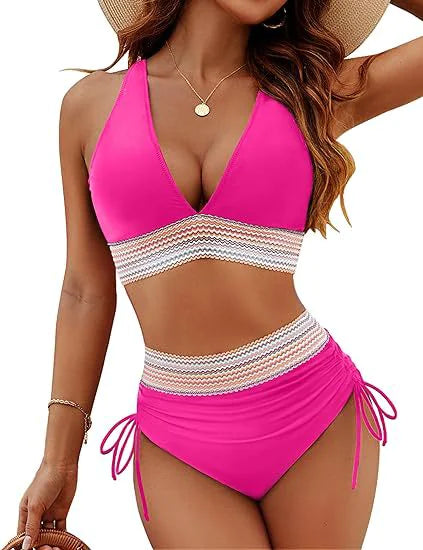 Bikini Set With Color Blocking Drawstring Swimsuit