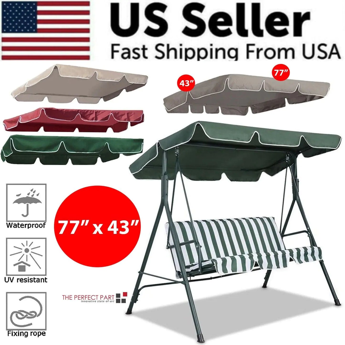 🏡: 77"x43" Patio Garden Swing Canopy Replacement - 300D Cover