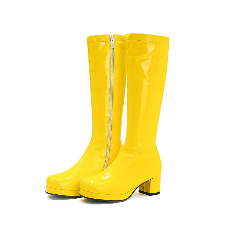 🥾: Chunky Heel Patent Leather Mid Calf Women's Boots - Waterproof Square Toe