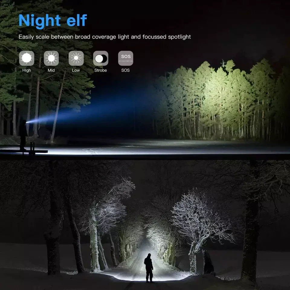 🔦 Super-Bright 90000LM LED Tactical Flashlight - 5 Modes Zoomable Torch