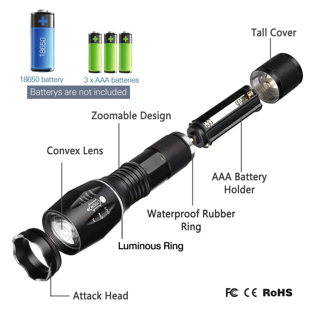 🔦 Super-Bright 90000LM LED Tactical Flashlight - 5 Modes Zoomable Torch