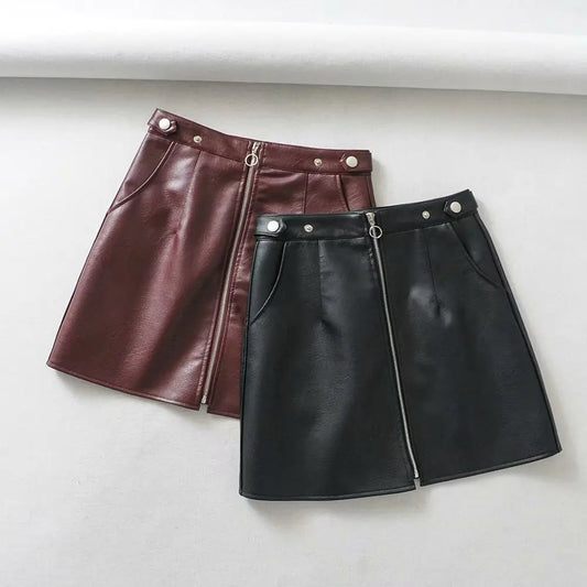 👗: High Waist Slim Zipper A-Line PU Leather Mini Skirt