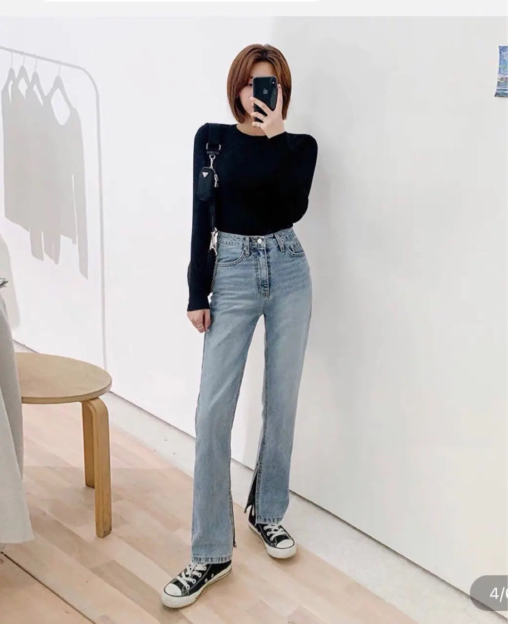 👖: Ladies High Rise Straight Leg Jeans with Side Slit - Cotton Blend Denim