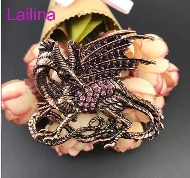 🐉: Fire Dragon Brooch - Korean Style Animal Pin in Red & Silver