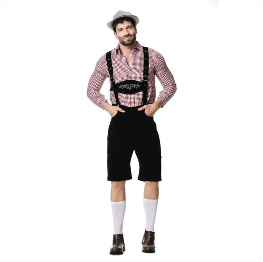 🎃: Men's Oktoberfest Costume - Plaid Shirt, Bib Shorts, & Hat Set