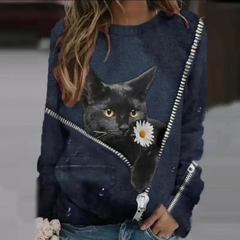 👕: Casual Long-Sleeved T-Shirt with Cartoon Cat Print