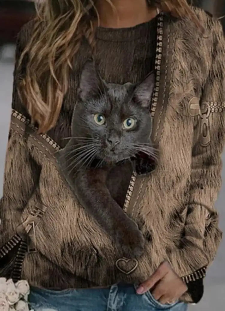 👕: Casual Long-Sleeved T-Shirt with Cartoon Cat Print