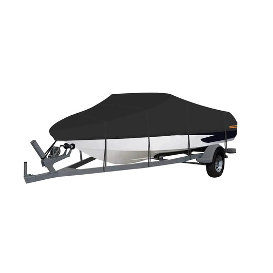 OutdoorLines Waterproof Boat Covers 12-14 Ft Long - Heavy Duty UV Resistant Trailerable Boat Covering for V-HullTri-Hull Bass Boat Runabout Boat Fish&SkiPro-Style Fishing Boat Black