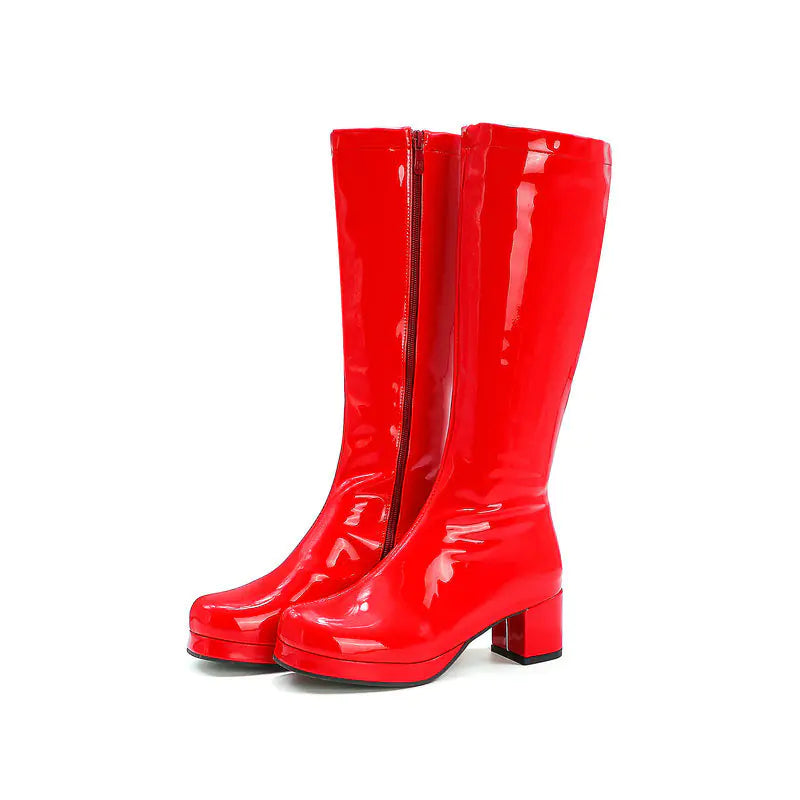 🥾: Chunky Heel Patent Leather Mid Calf Women's Boots - Waterproof Square Toe
