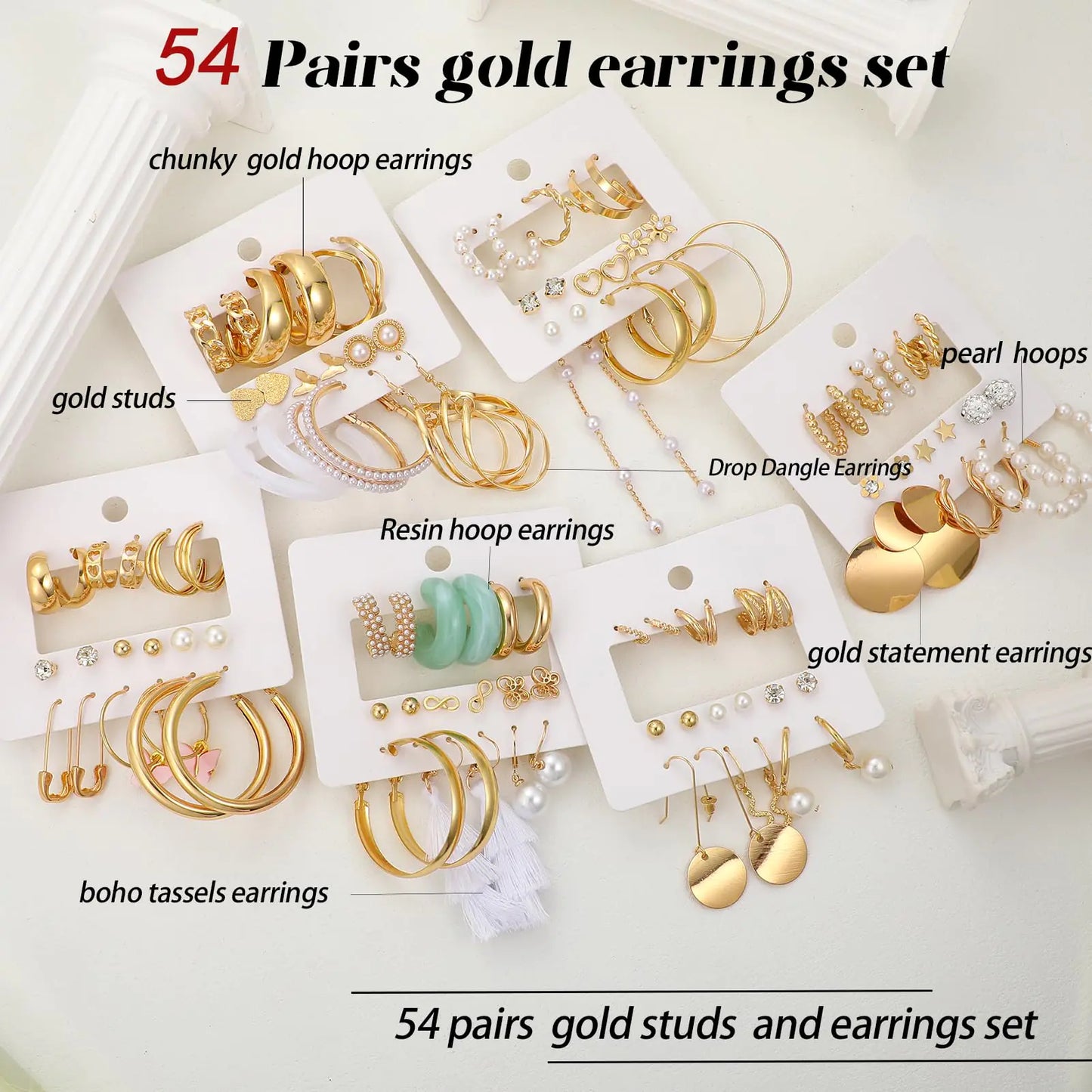 42 Pairs Gold Hoop Earrings Set for Women, Fashion Chunky Pearl Earrings Multipack Twisted Statement Earring Pack, Hypoallergenic Small Big Hoops Earrings for Birthday Party (Gold-54 pairs) Gold-54 pairs