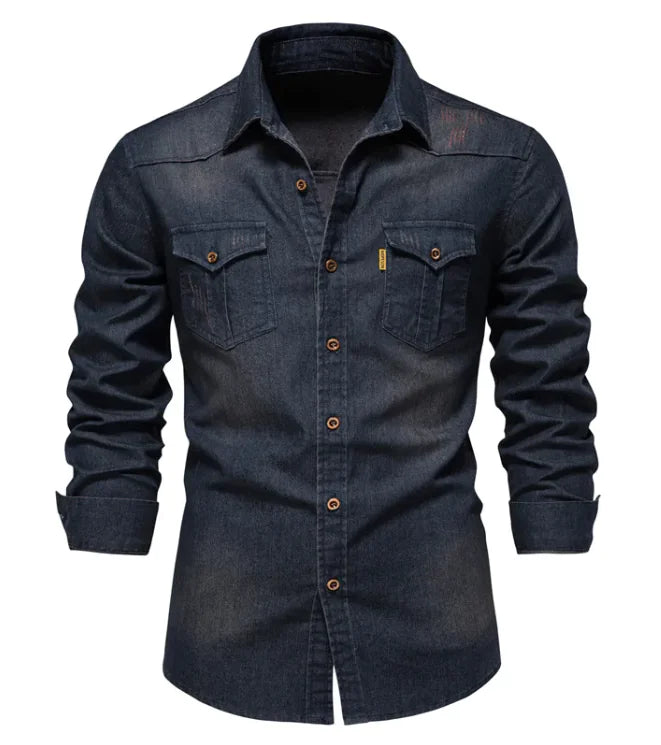 New Denim Men's Casual Solid Color Long Sleeve Shirt