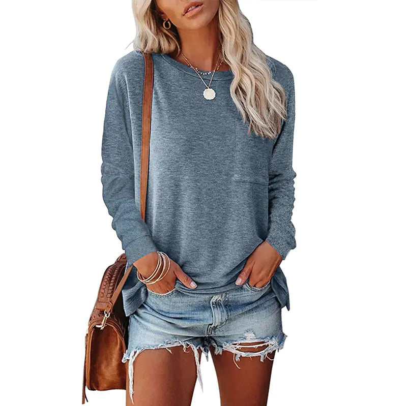 👕: Pocket Split Long Sleeve T-Shirt - Casual Cotton Blend Comfort Top