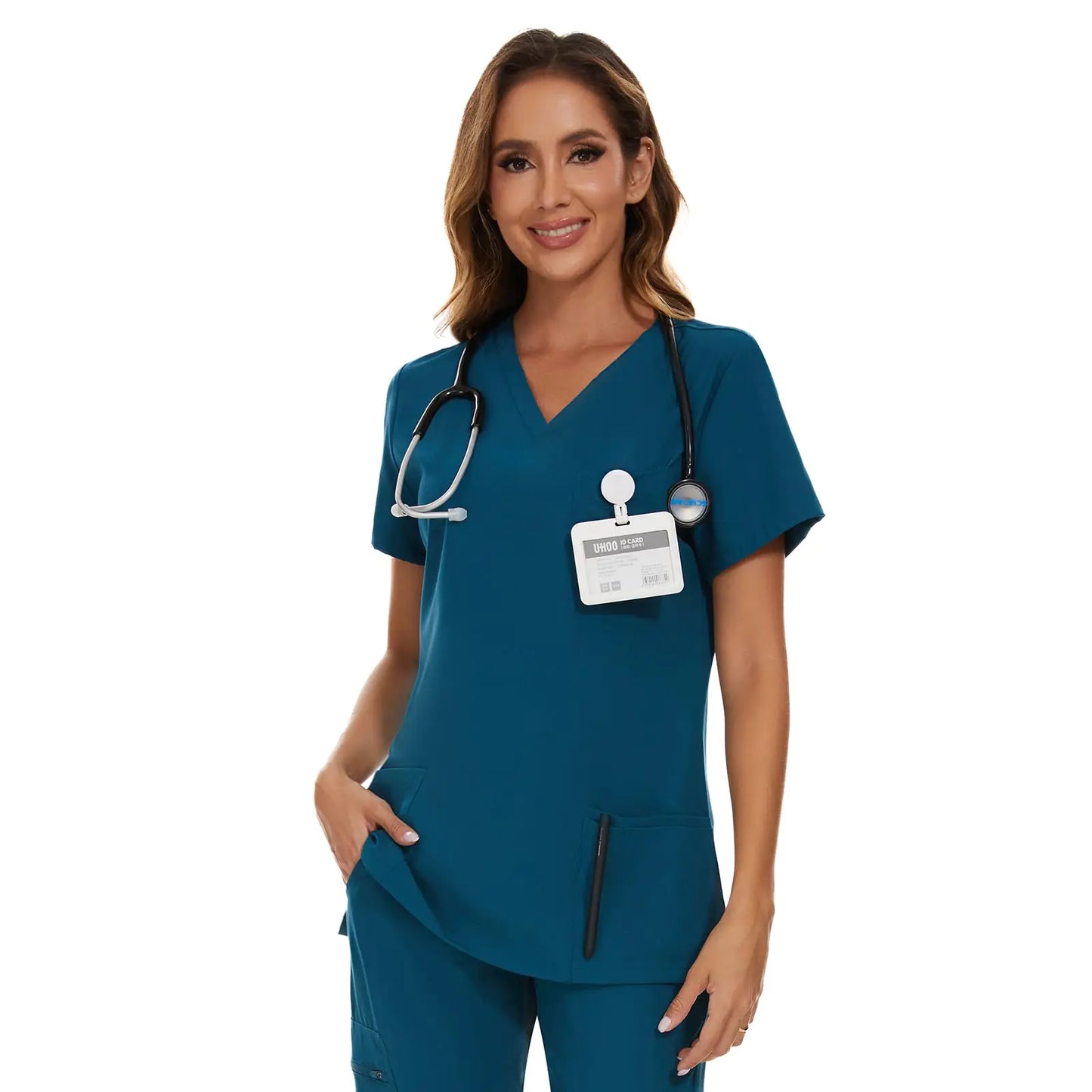 🩺 COZYFIT Caribbean Blue Scrub Top - Soft Stretch V-Neck with 3 Pockets