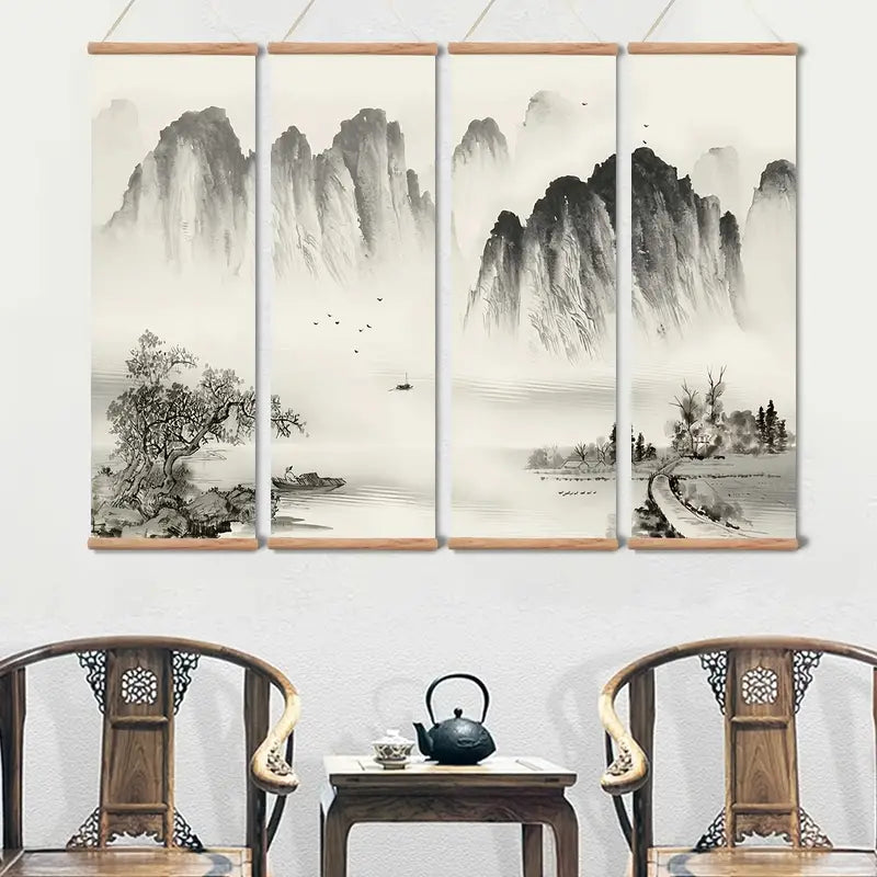 🎨: 4-Piece Black and White Landscape Oil Painting Set