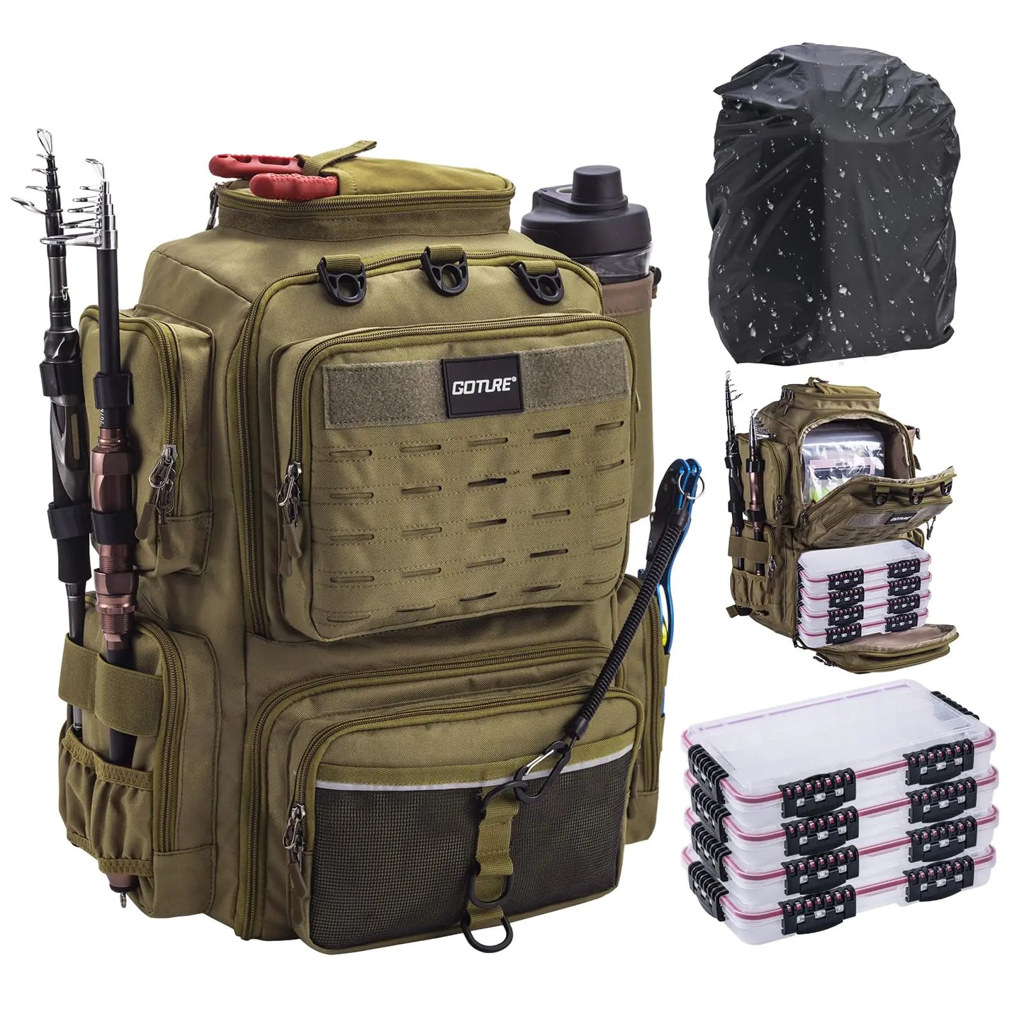🎣 Goture 45L Fishing Backpack with 4 Tackle Boxes - Large 600D Storage Bag with Rod Holders