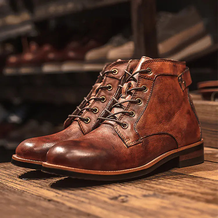 🏍️: Men's Retro Leather Motorcycle Boots - Vintage Lace-Up Ankle Boots