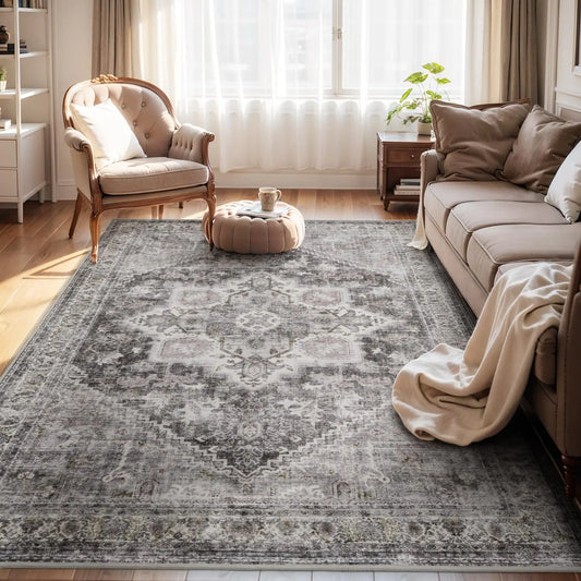 🏠 Washable 5x7 Area Rug - Vintage Oriental Floral Grey Carpet for Living Room & Bedroom
