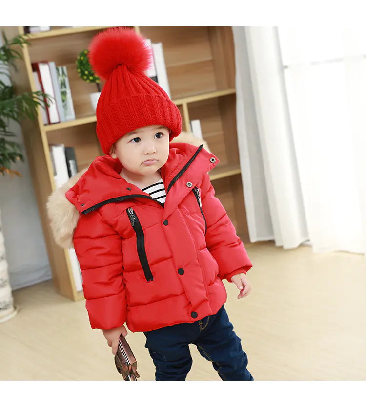 🧥: Kids' Cotton Jacket with Fur Collar - Hooded Winter Coat