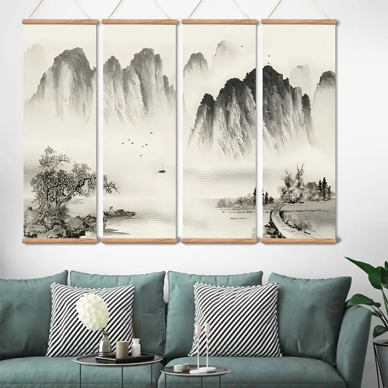 🎨: 4-Piece Black and White Landscape Oil Painting Set