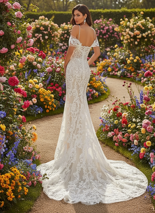 👰: Elegant Tulle Boat Neck High Side Slit Bridal Gown