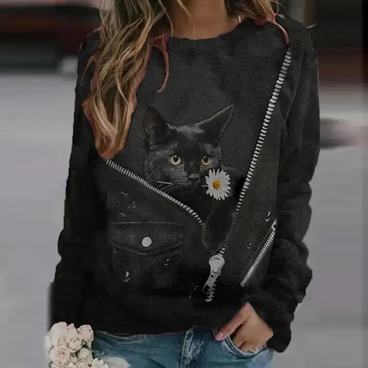 👕: Casual Long-Sleeved T-Shirt with Cartoon Cat Print