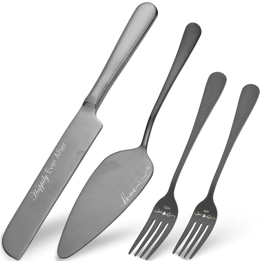 🍰: Premium Wedding Cake Cutting Set - Mr & Mrs Cake Knife & Server with Forks (Black)