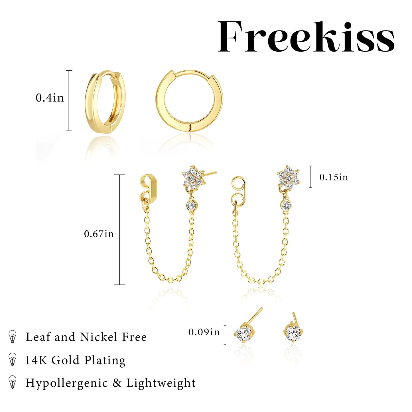 3 Pairs Gold Hoop Earrings Set: Dainty Stud Earrings Trendy Small 14K Gold Plated Hypoallergenic Dangle Cartilage Huggie Hoop Earrings for Women Gold Jewelry for Women Gifts Chain set