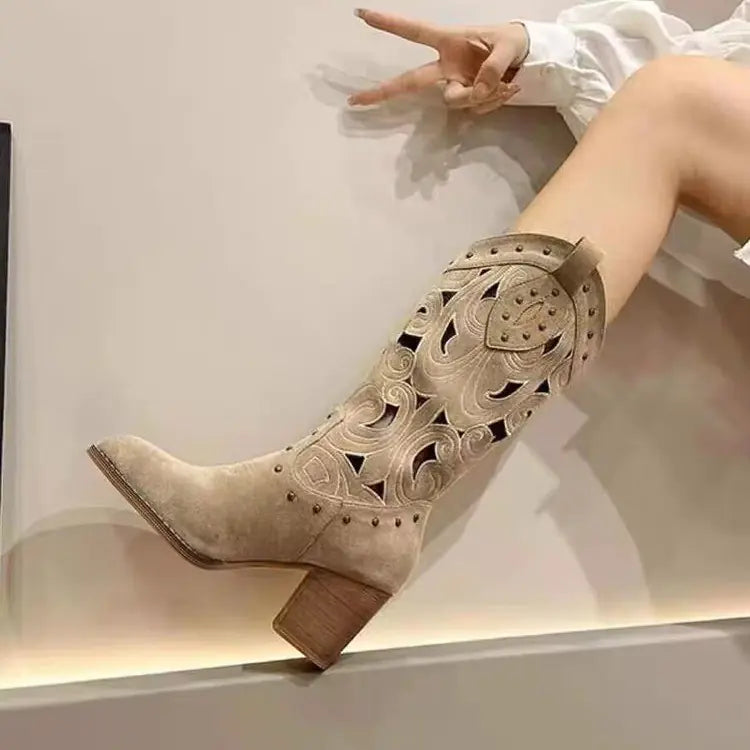 🤠: Fashionable Women's Mid-Calf Chunky Heel Martin Boots - Cowboy Style Embroidered