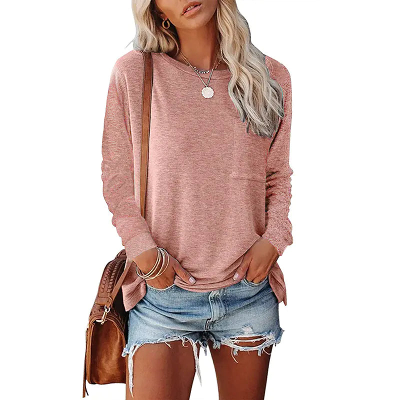👕: Pocket Split Long Sleeve T-Shirt - Casual Cotton Blend Comfort Top