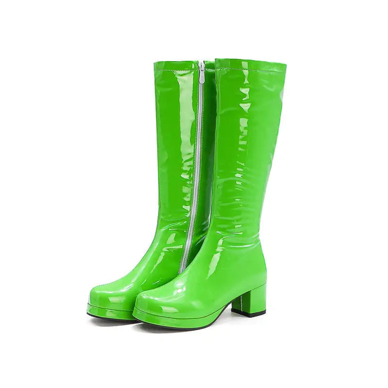🥾: Chunky Heel Patent Leather Mid Calf Women's Boots - Waterproof Square Toe