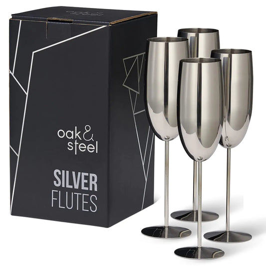 🥂: Oak & Steel Premium Stainless Steel Champagne Flutes - 4-Piece Unbreakable Set with Gift Box