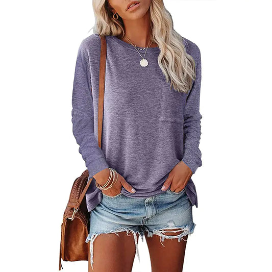 👕: Pocket Split Long Sleeve T-Shirt - Casual Cotton Blend Comfort Top