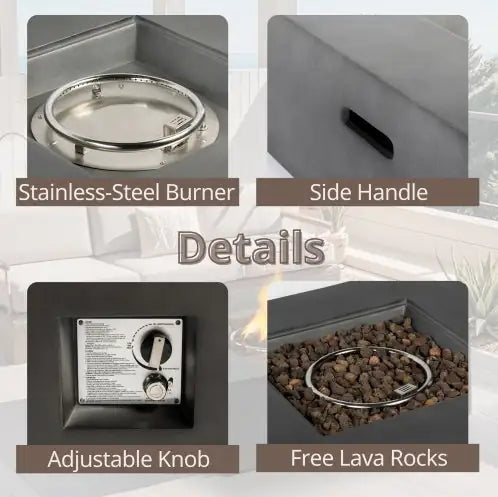 🔥: Outdoor Propane Fire Pit Table, Square Stone 35-inch Planter Base, 50,000 BTU Stainless Steel Burner