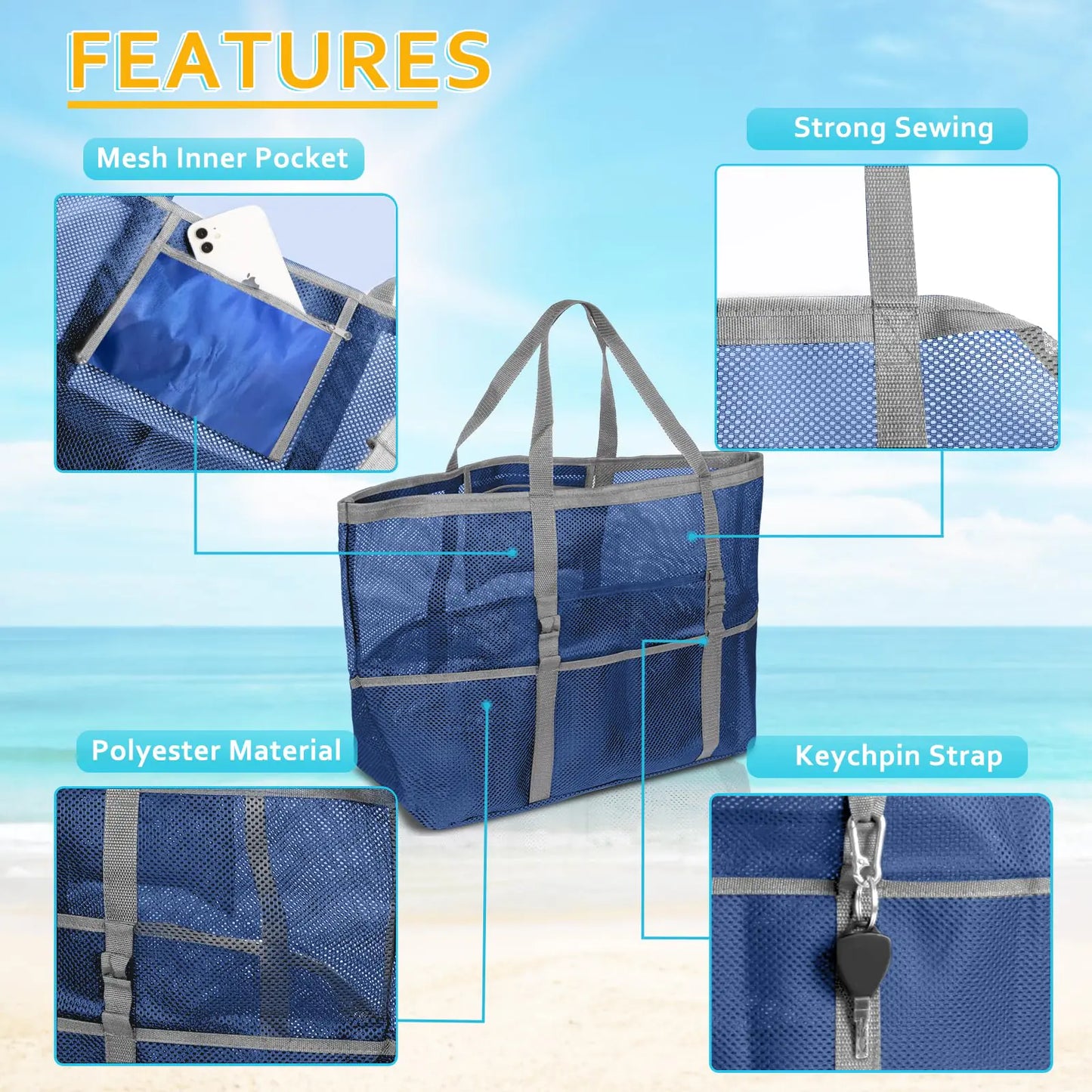 Mesh Beach Bag - Large Beach Tote Bag for Family Beach Bag for Toys & Vacation Essentials Blue