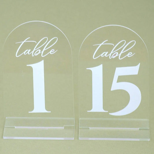 🔢: Premium Clear Wedding Table Numbers 1-15 with Stands - 4x6 Arch Acrylic Reception Centerpiece