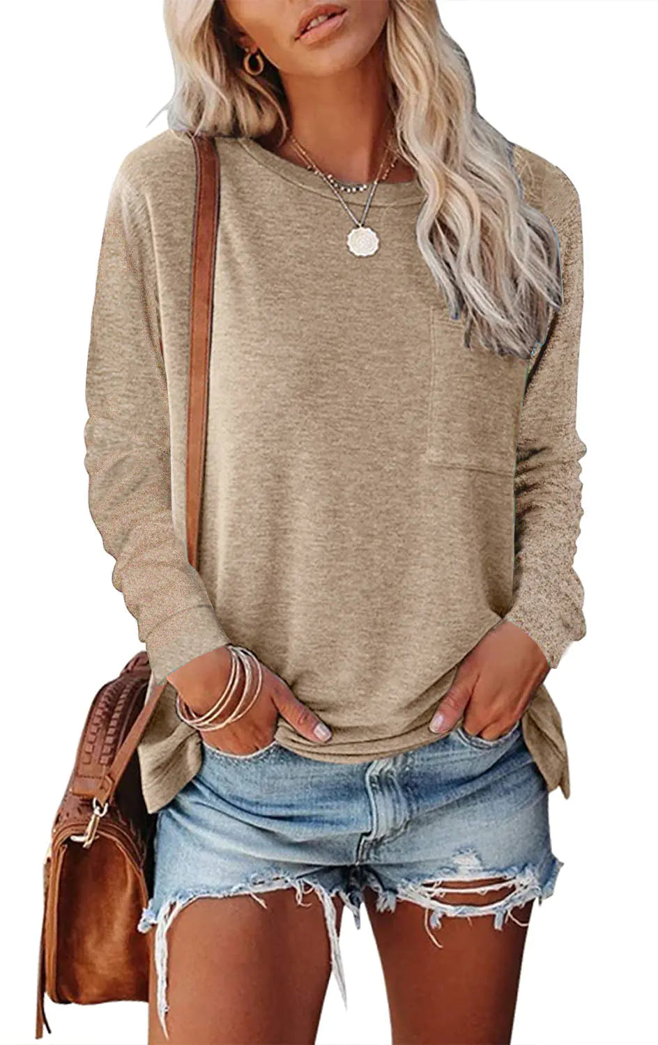 👕: Pocket Split Long Sleeve T-Shirt - Casual Cotton Blend Comfort Top