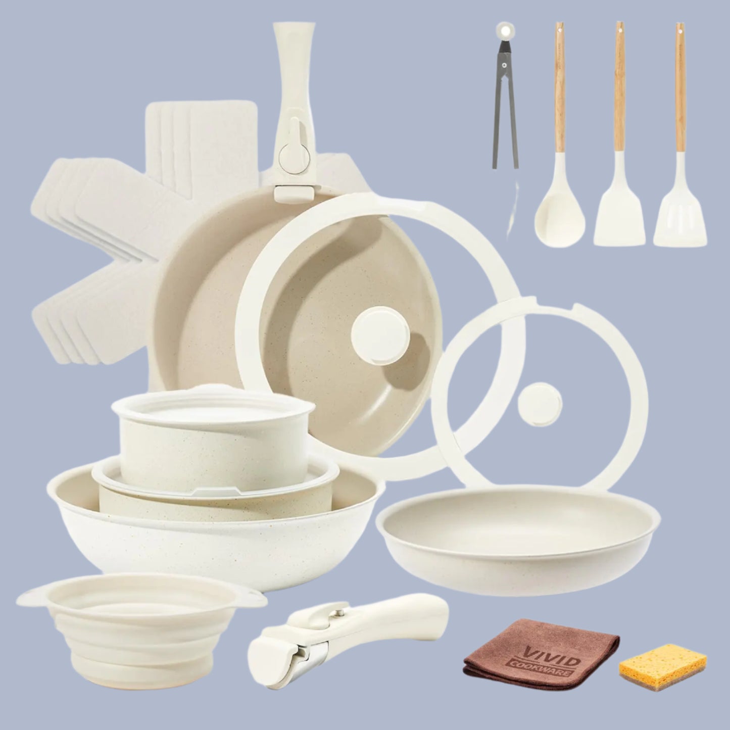🍳 VIVIDCOOKWARE 22-Piece Nonstick Ceramic Cookware Set - Detachable Handle Collection
