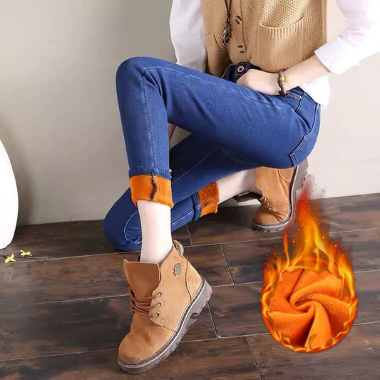 👖: High Waist Plush Jeans for Women - Winter Style Soft Cotton Blend
