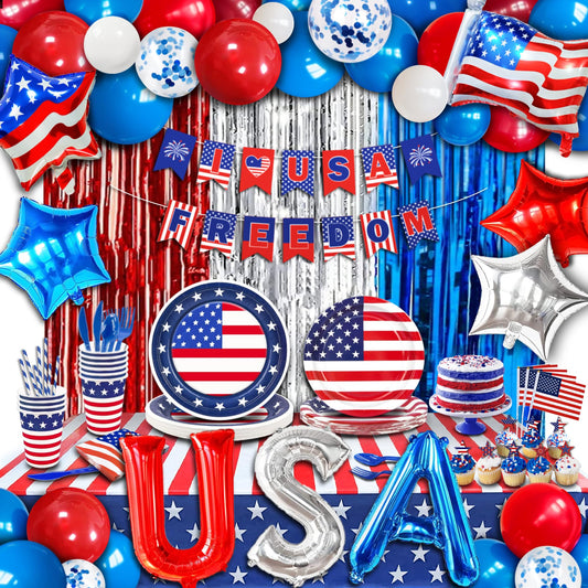 🎉: 272-Piece 4th of July Party Decorations Kit – Tableware, Balloons, Banner & More for 16 Guests