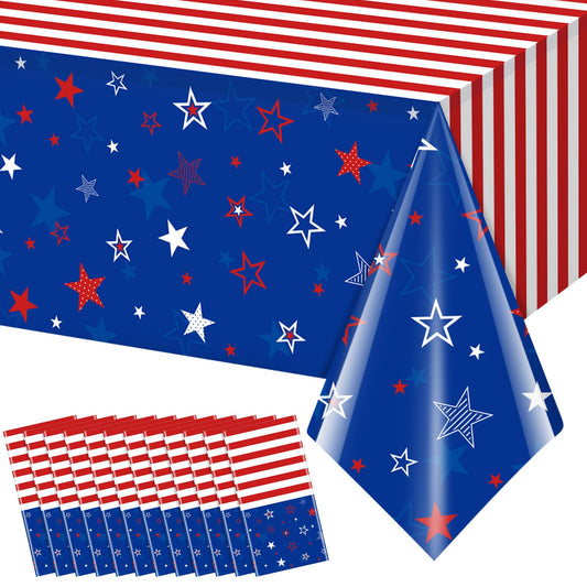 🇺🇸: Patriotic Tablecloths 12-Pack - Red White Blue Disposable Plastic Table Covers 54x108"