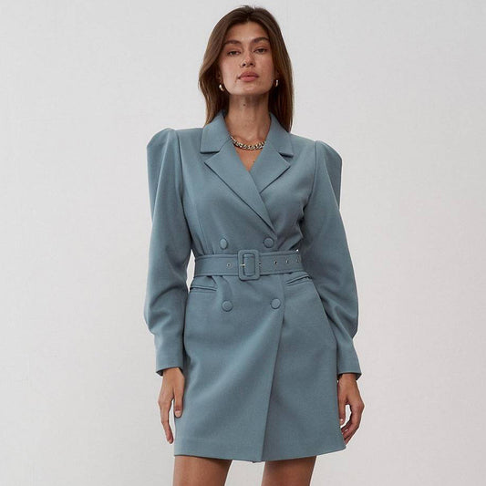 👗: French Style Women's Business Suit Dress — Puff Sleeve High Waist | Khaki & Light Purple