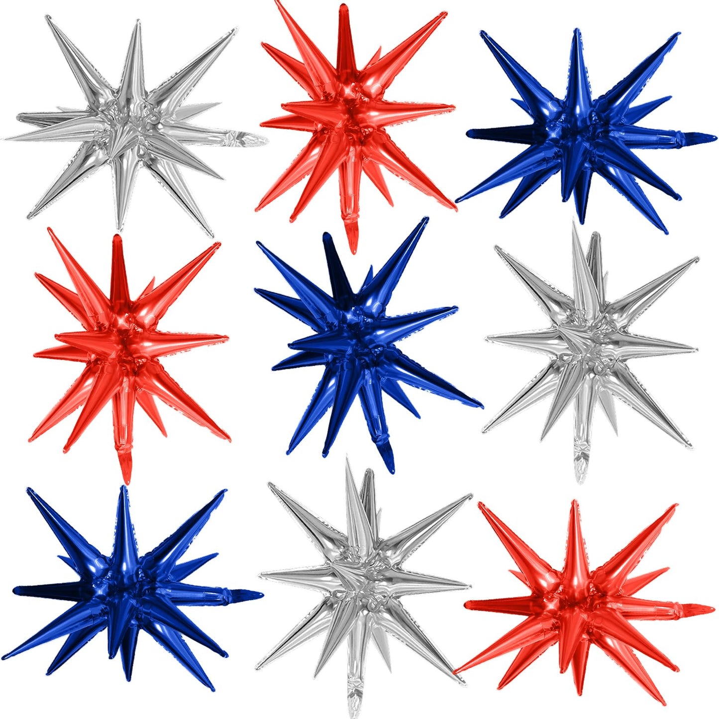 ⭐: Red Blue Silver Explosion Star Foil Balloons 9-Pack - 22" Mylar Star Balloons 4th of July Party