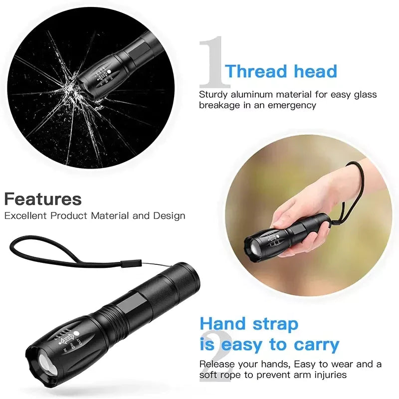 🔦 Super-Bright 90000LM LED Tactical Flashlight - 5 Modes Zoomable Torch