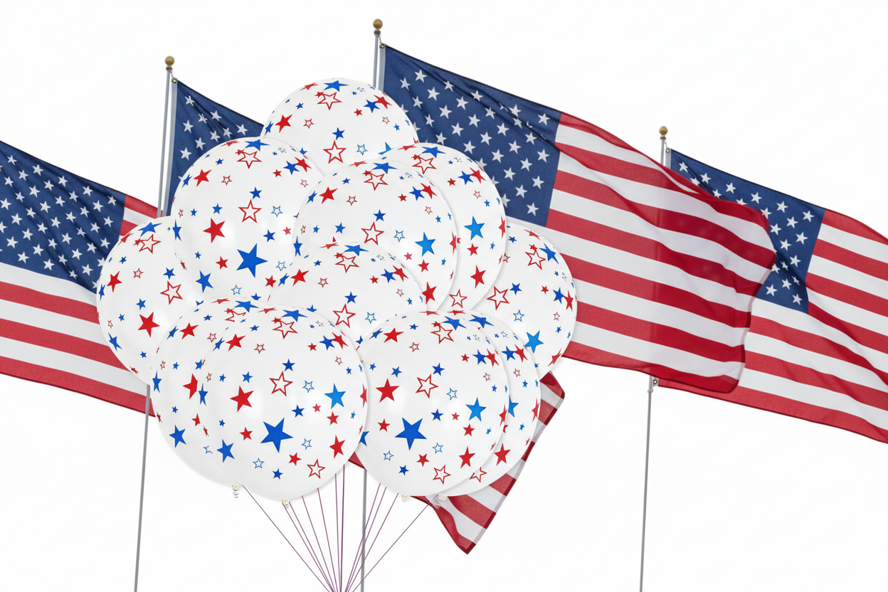 ⭐: Star Print White Balloons 50-Pack - 12" Blue Red Star Latex Balloons 4th of July Party Decor