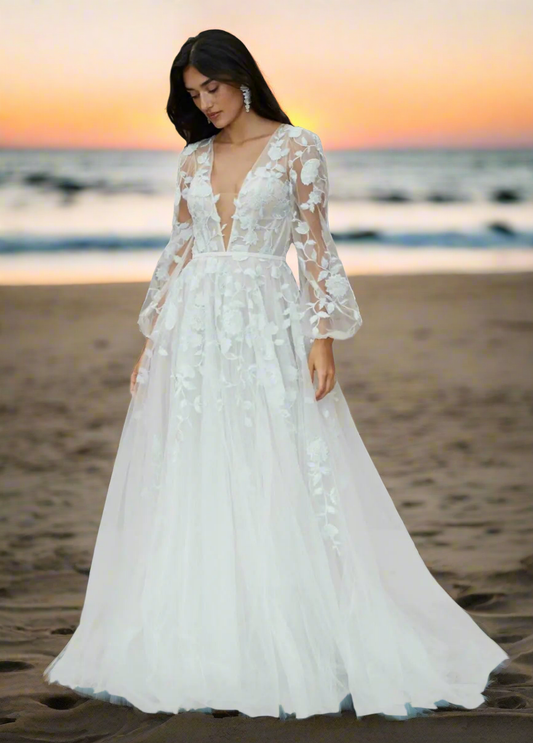 👰: YMSHA Long Sleeve Boho Wedding Dress 2025 - Deep V-Neck A-Line Lace Bridal Gown Plus Size