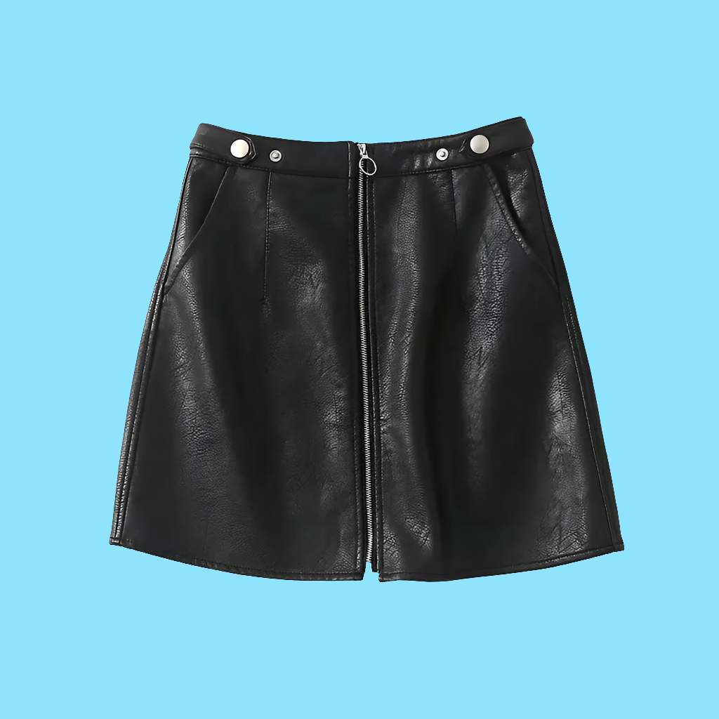 👗: High Waist Slim Zipper A-Line PU Leather Mini Skirt