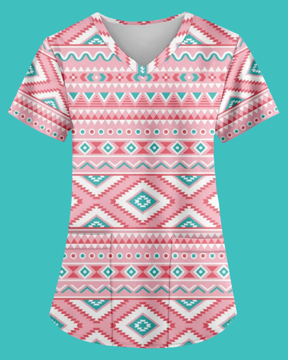 🏺 AMOMA Aztec Print Scrub Shirt - Native American V-Neck Nursing Top Light Pink